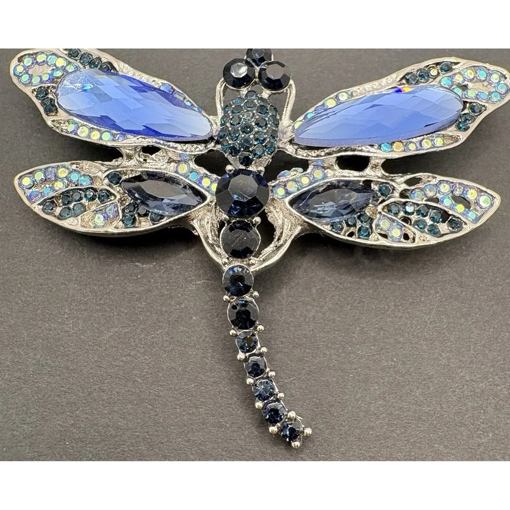 Vintage Dragonfly Bug Insect Blue Rhinestone‎ Brooch Silver Tone Sparkling